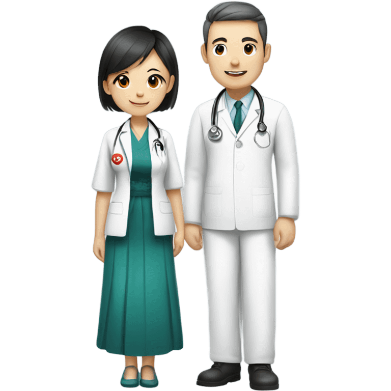 A Chinese girl in QiPao dress   saying thank you to a male doctor in white Dr uniform emoji