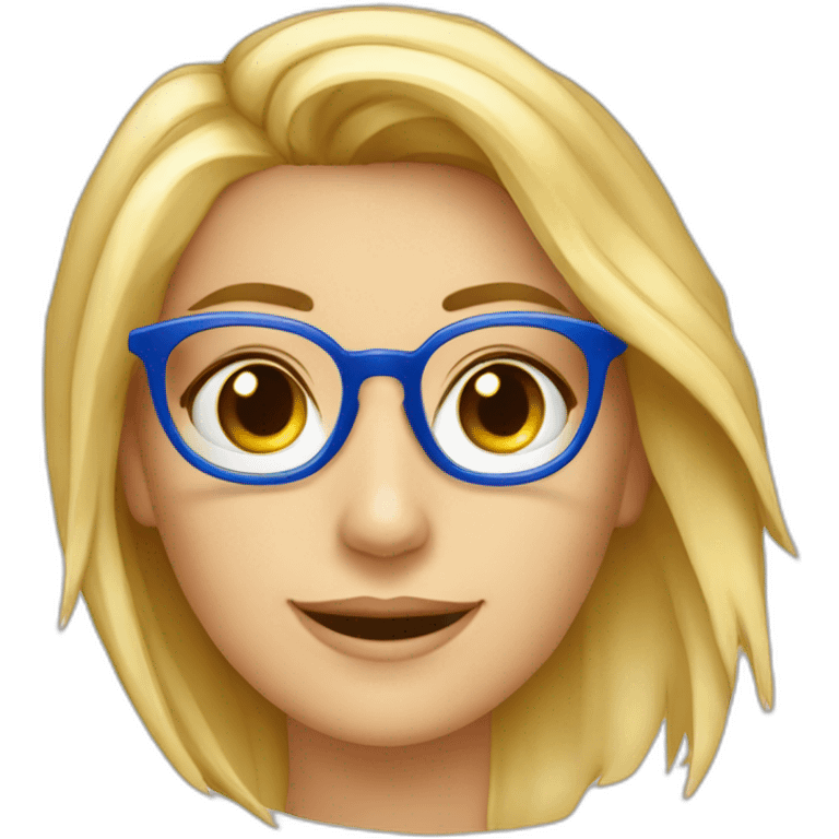 Una chica rubia de 25 años rubia con ojos azules tiene unas gafas hexagonales doradas y es ingeniería informática emoji