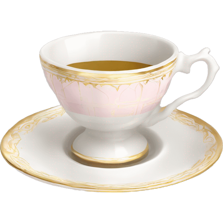 White regency tea cup on a little saucer with gold and light pink patterns emoji