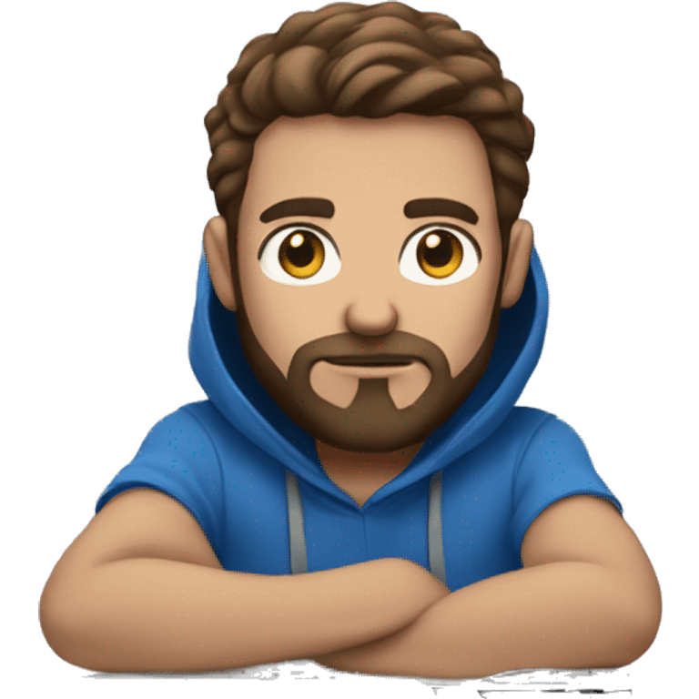 a focused white man, wearing a blue hoodie, with brown hair, black medium beard ,behind a laptop screen emoji