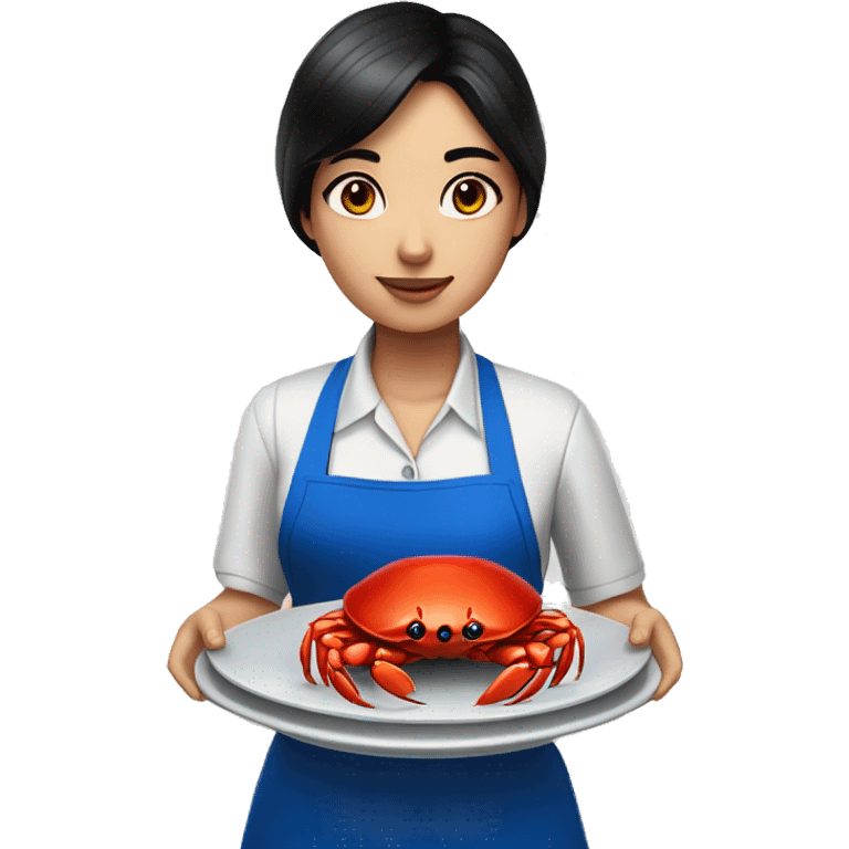 waiter girl with black hair with fair skin in a blue apron holds crab in a plate emoji