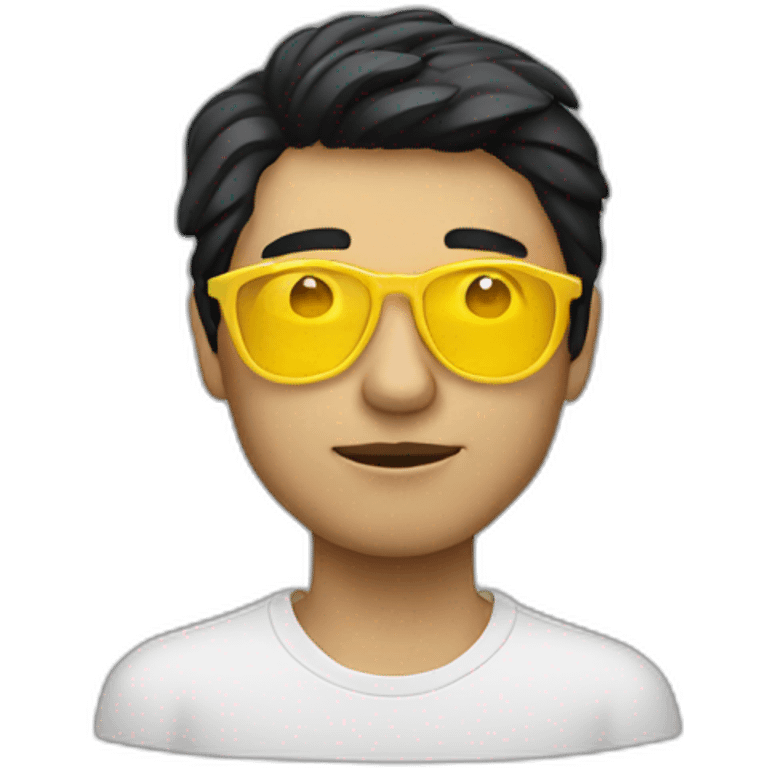 Man with yellow tinted glasses and black hair holding computer  emoji