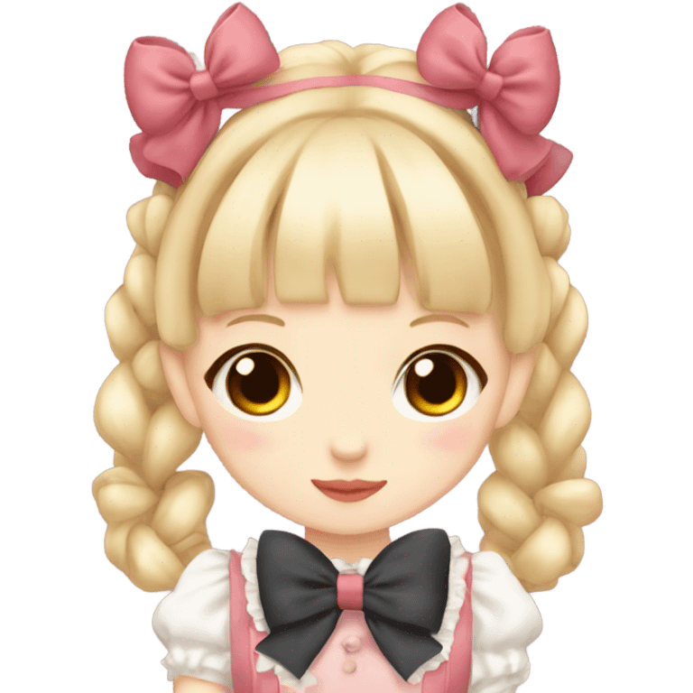 lolita fashion girl, blonde hair with pigtails tied with bows, japanese emoji