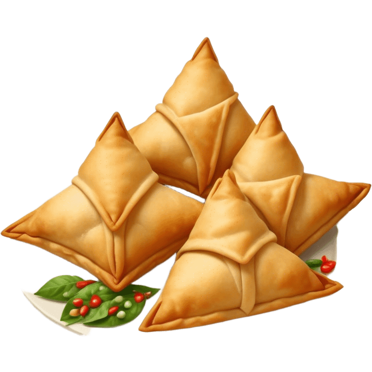 Cinematic Realistic Samosas Dish Emoji, depicted as golden, crispy pastry pockets filled with spiced vegetables rendered with detailed textures and appetizing lighting. emoji