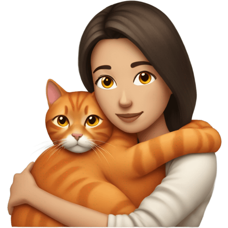 Brunette woman snuggling orange cat emoji