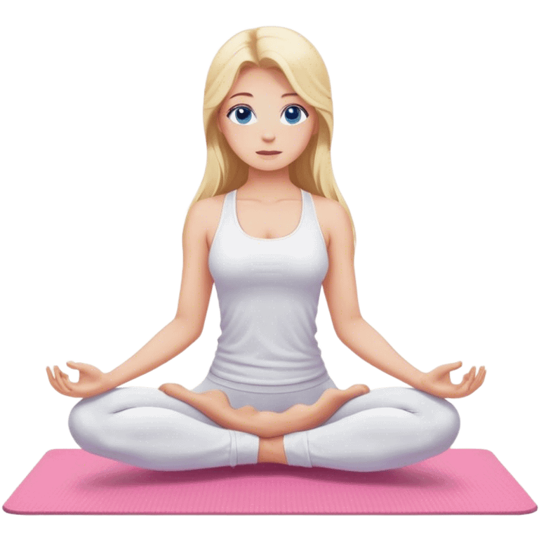 Cinematic realistic blonde with long hair and blue eyes, dressed in a white top and leggings, does yoga on a pink mat emoji