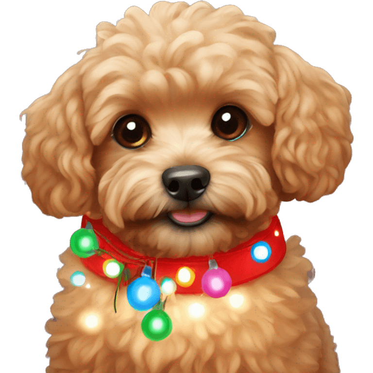 Red maltipoo with Christmas lights decorated around its neck emoji