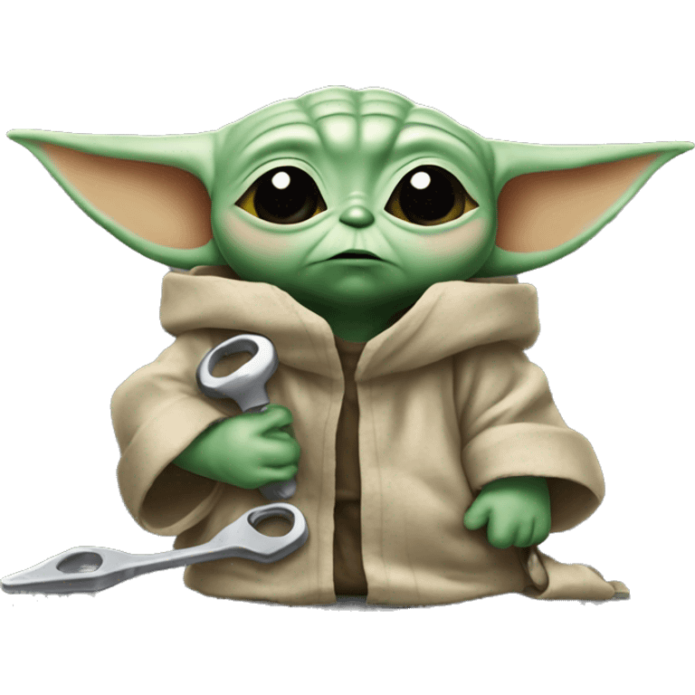 Baby Yoda  with a wrench and tired expression. tired from long repair, wipes the sweat off his face. emoji