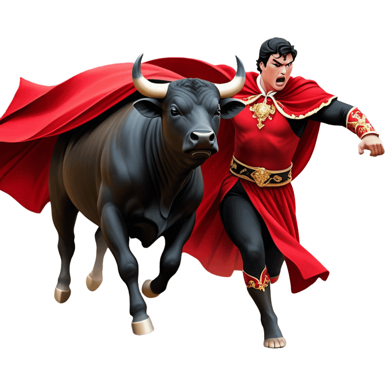 ​Cinematic Realistic black charging bull, against a matador depicted in a flowing red cape, captured in the dramatic moment of confronting a charging bull in a traditional bullring, rendered with dynamic motion and dramatic lighting that encapsulates the intensity and artistry of the spectacle, emoji