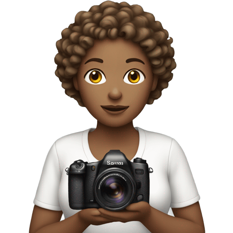 white woman with curly brown hair holding digital camera emoji