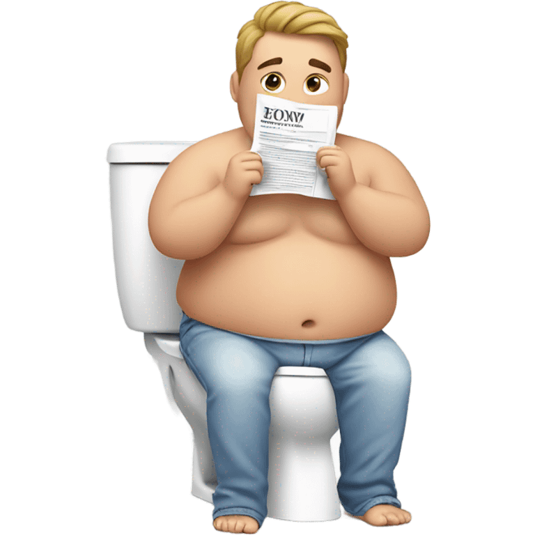 fat guy sitting on toilet reading newspaper no shirt front view emoji