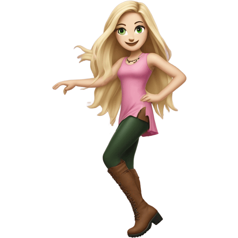 Realistic White girl with Long straight blonde hair, green eyes, tattoos, full body wearing pink dress and Brown knee-high leather boots, dancing emoji