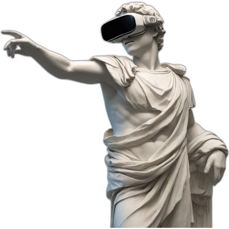 Roman sculpture with virtual reality goggles pointing its finger to the sky emoji