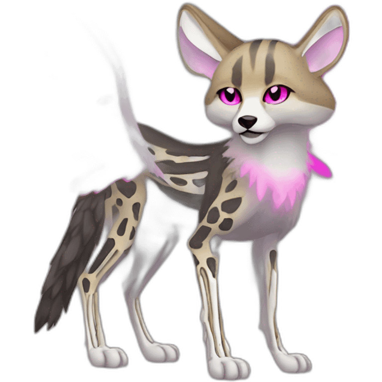 Coyote ocelot standing with grey and black fur and phoenix wings on back and pink ears half skeleton, neon lights emoji