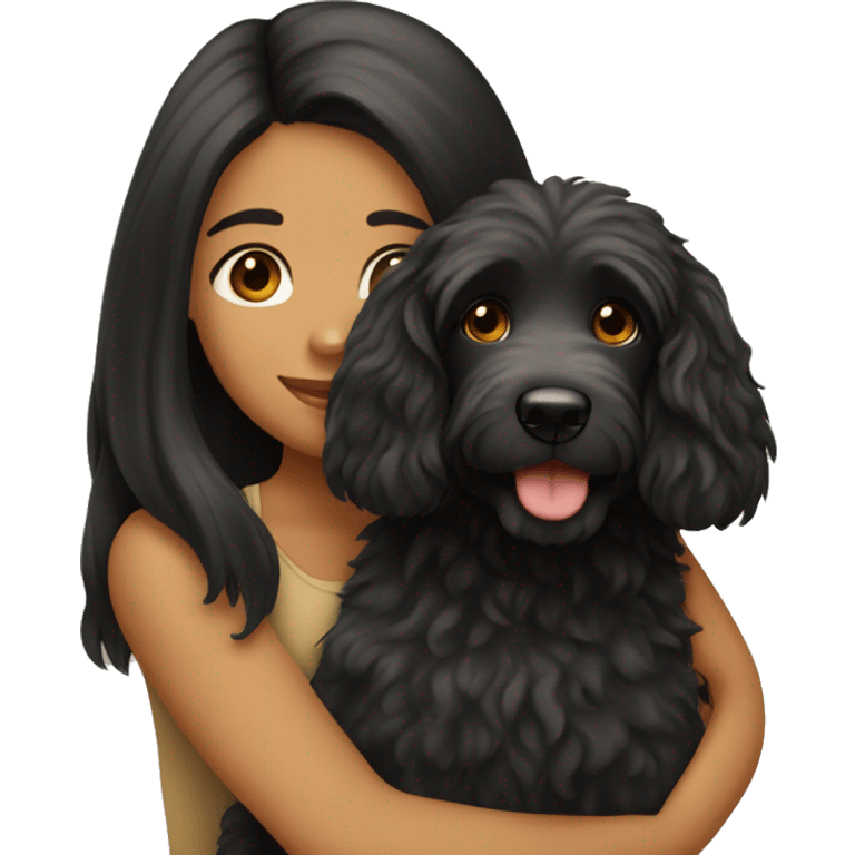 tan girl with long black hair hugging labradoodle emoji