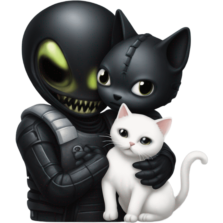 black xenomorph hugs a white cat emoji