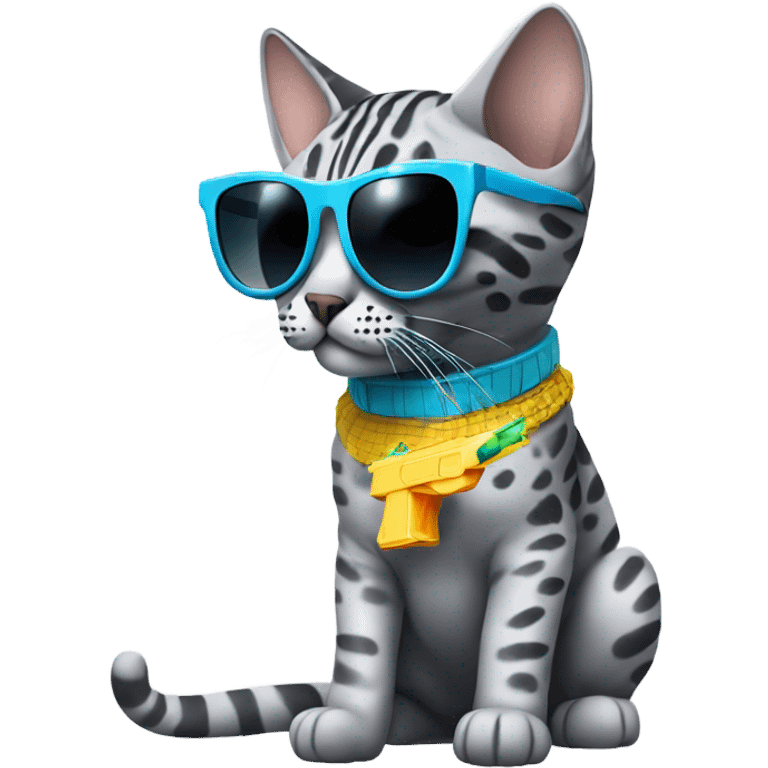 Gray Egyptian Mau with cool sunglasses and a water gun  emoji