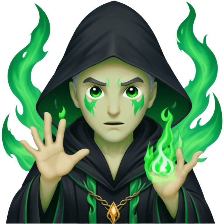 A dark sorcerer in flowing black robes, conjuring eerie green flames emoji