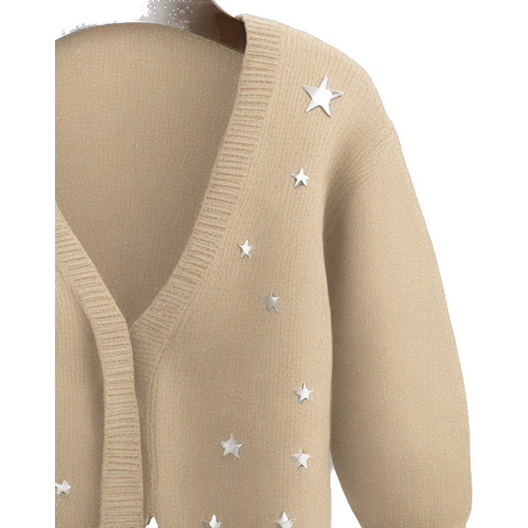 beige knit cardigan with 3 silver stars on the sleeves emoji