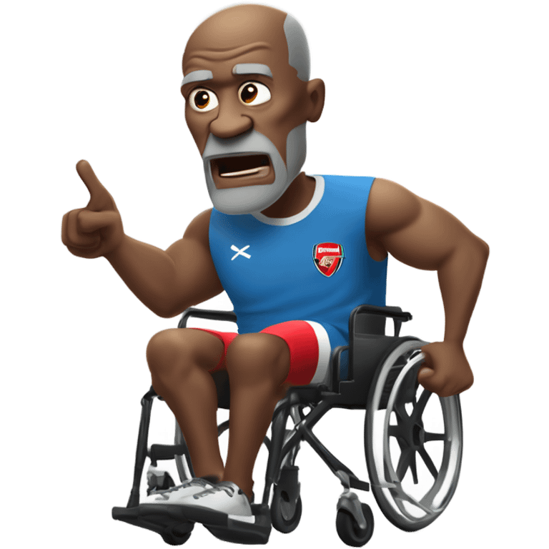 old black bald man with a protruding round pot belly in wheelchair. angry face. grey stubble. he is pointing finger in front. Arsenal soccer shirt. mouth word bubble emoji