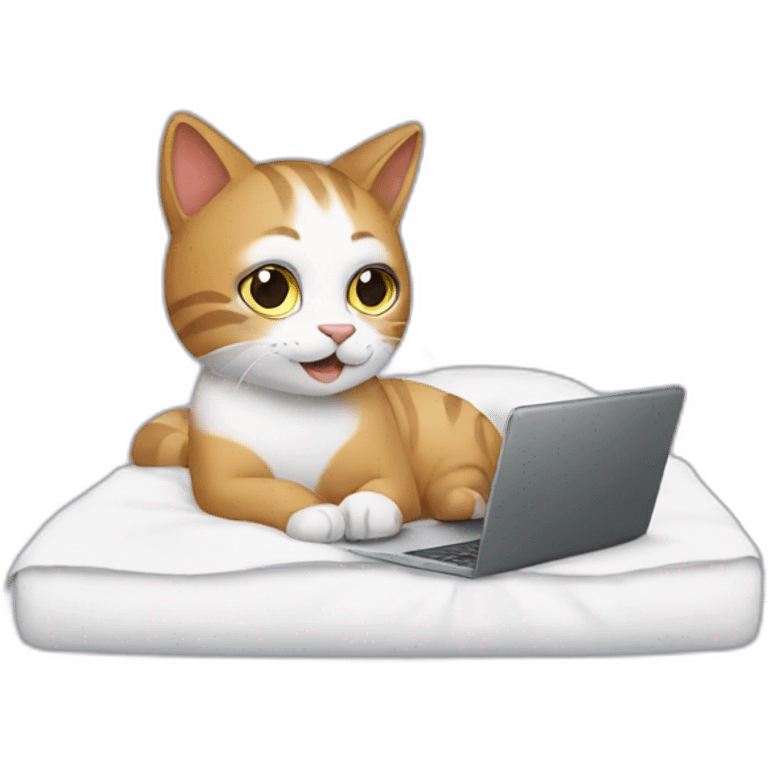 Cat working on laptop in bed emoji