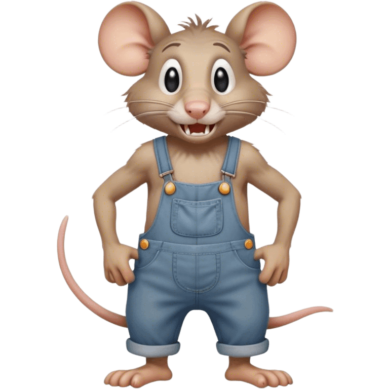 frowning disheveled dizzy cartoon hillbilly rat wearing overalls no shirt. standing and talking full body. human eyes. teeth showing talking. walking talking moving arms. reacting upset emoji