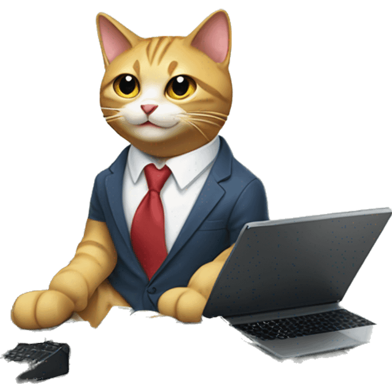 A grinning cat wearing a tie and sitting on a pile of tech gadgets and money
 emoji