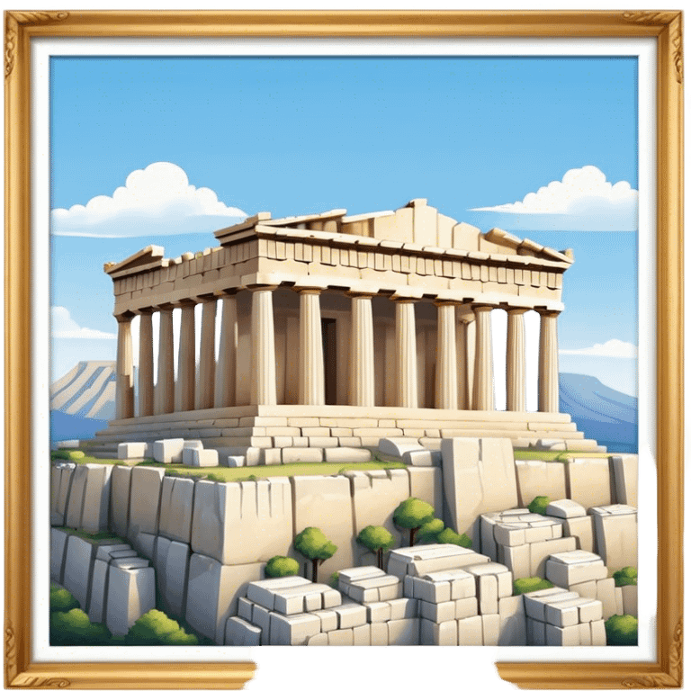 Cinematic Realistic Acropolis Landmark Emoji, showing the Parthenon standing proudly atop the Acropolis hill, with its marble columns glowing under the warm Athenian sunlight against a blue sky. emoji