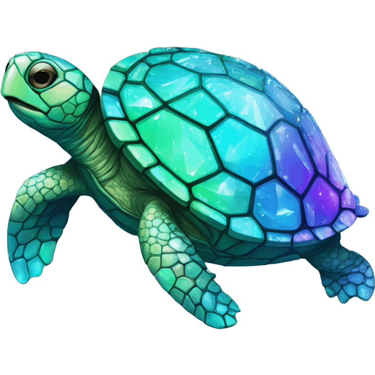 Turtle made from kaleidoscopic crystalline rainbow oilslick cyan broken glass emoji