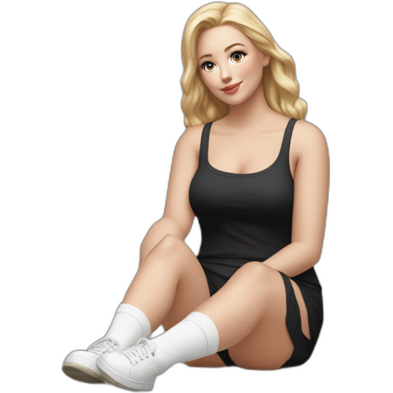 hyperrealistic-full-body-caucasian-curvy-beauty-sitting on the ground-small black-skirt-white knickers white socks emoji