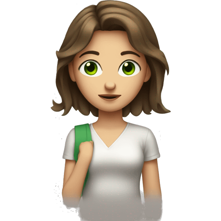 Girl with brown hair and green eyes shrugging shoulders  emoji