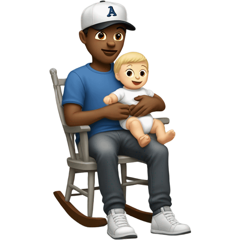 Young white man in unlabeled baseball hat rocking a white infant baby in puffy grey rocker  emoji