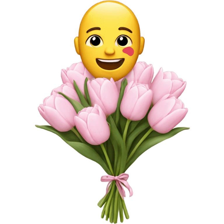 emoji with big smile holding a bouquet of white tulips and pink flowers emoji