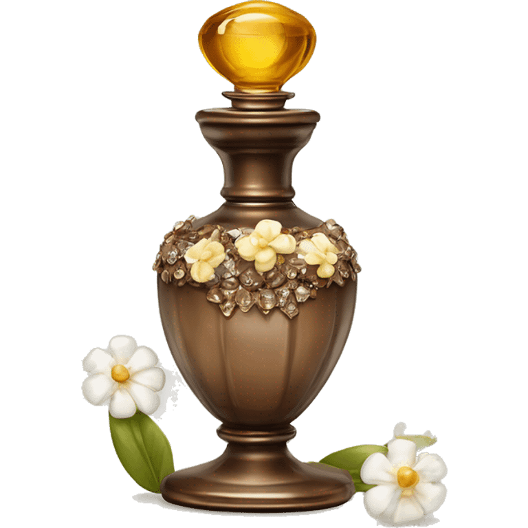 An antique perfume bottle with oil made of bronze and brown crystals, from which white cream and coffee milk flow, yellow flowers of fragrant vanilla lie next to it emoji