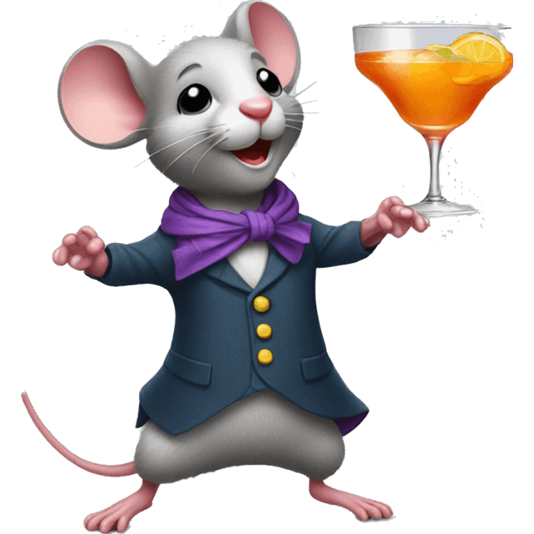 a dancing mouse with a small scarf holding a fancy cocktail emoji