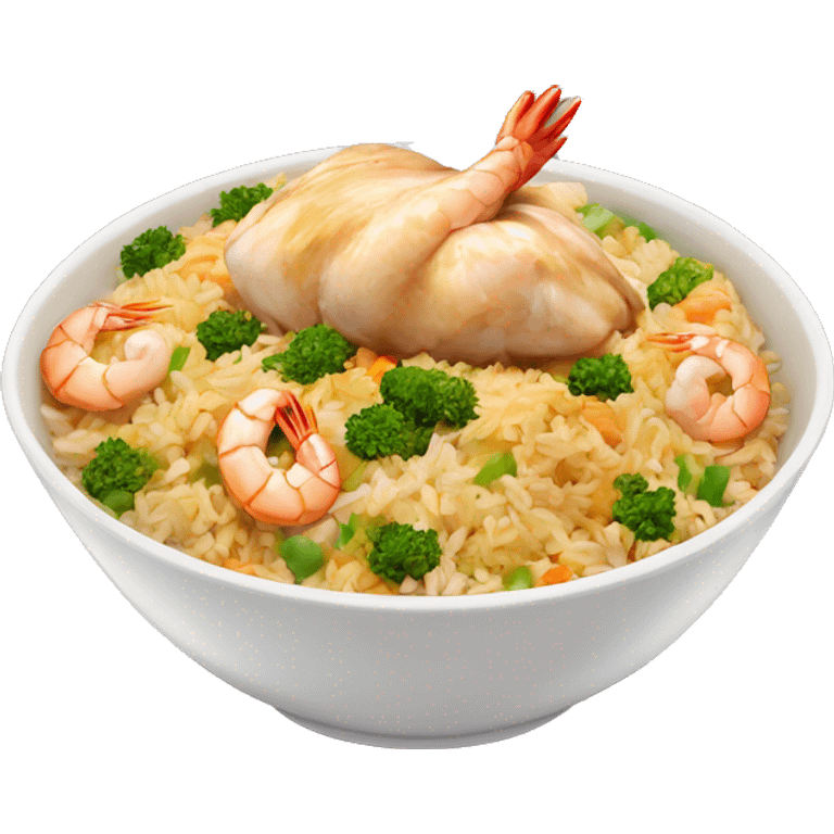 Chicken and shrimp fried rice in a bowl emoji