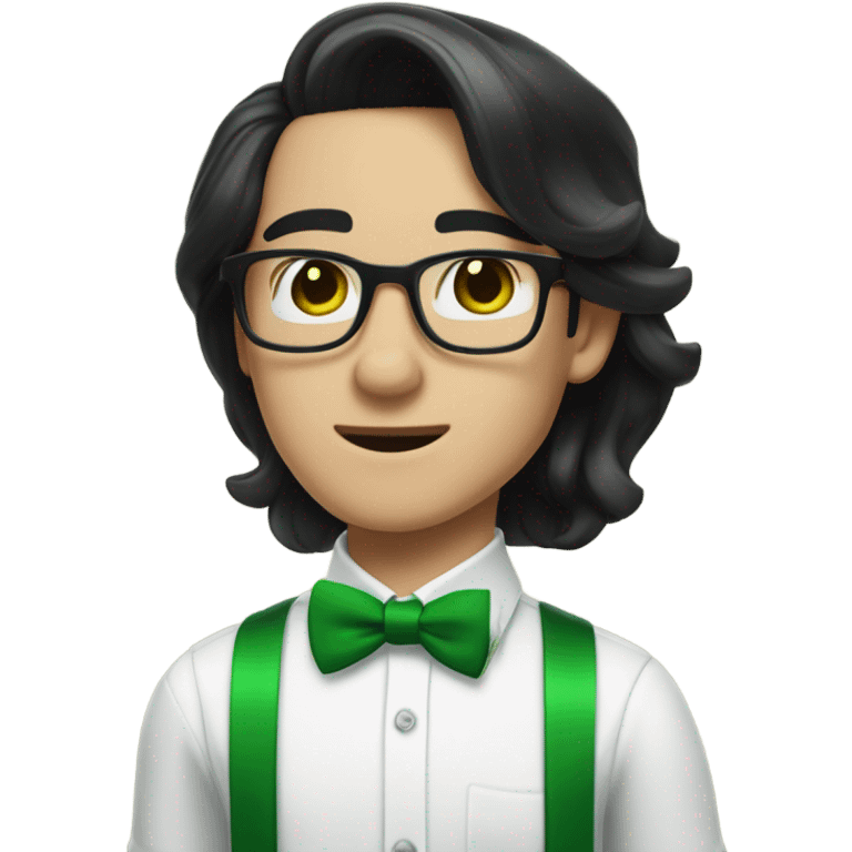 A male nerd with glasses and shoulder length black hair slicked back and he’s wearing a white button down shirt with a green bow tie and green suspenders emoji