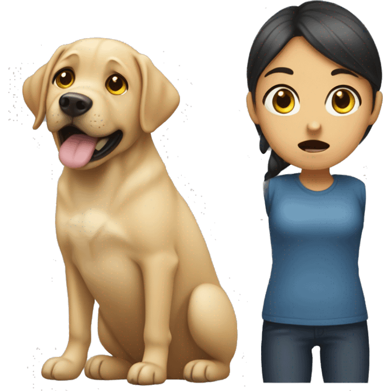 Create an emoji of a girl getting scared by a labrador getting too close to her face emoji