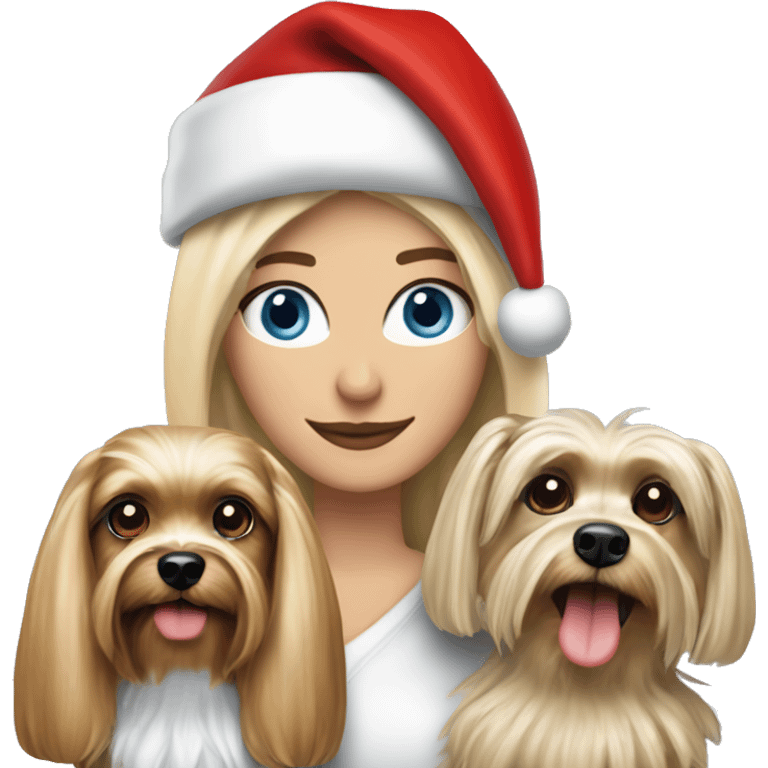 blonde woman blue eyes holding Yorkshire terrier wearing red santa hat standing with George Clooney  emoji