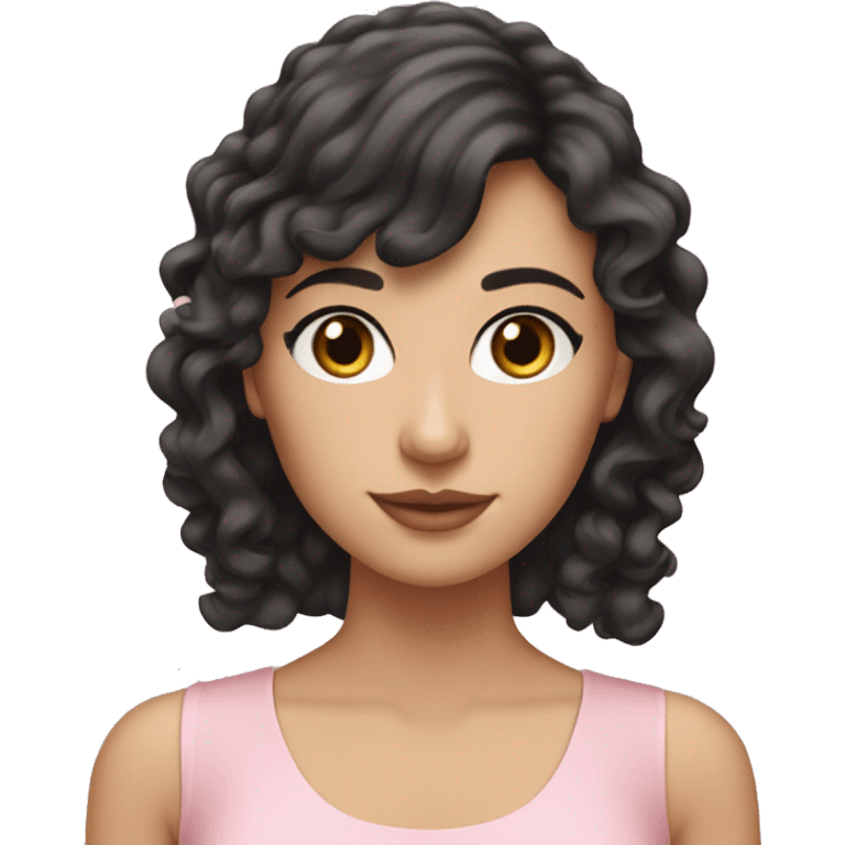 White woman with long black curly hair and bangs and dark brown eyes, wearing a pastel pink dress emoji