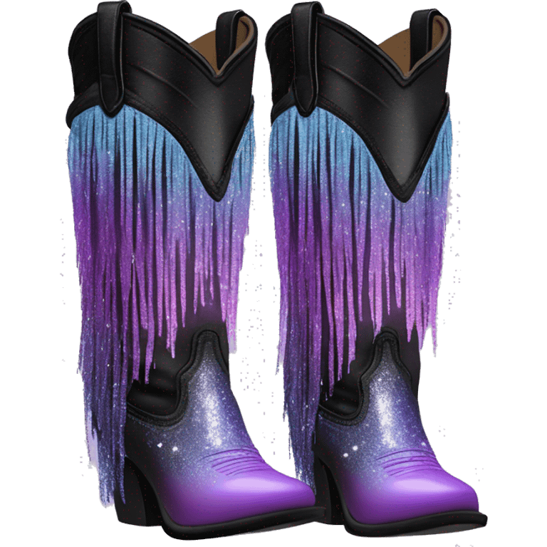 Realistic pastel purple to black ombre pair of fashion cowgirl boots with sparkly shiny glitter fringe on them. emoji