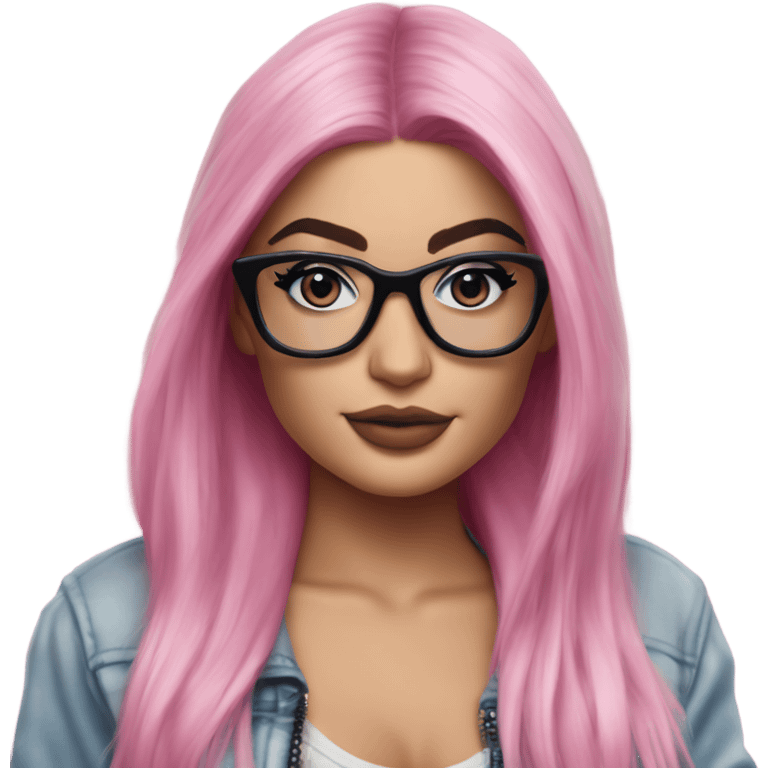 Photo Realistic kylie jenner stylish pink hair BLUE eyes and glasses posing  emoji