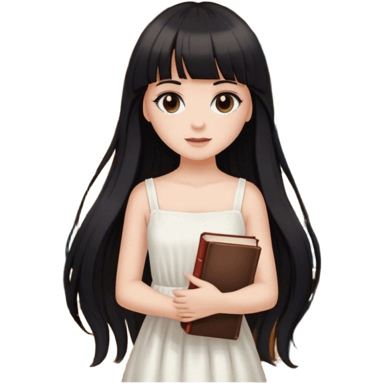 Beautiful white girl, with dark very long hair with bang, wearing white dress, holding 5 books emoji