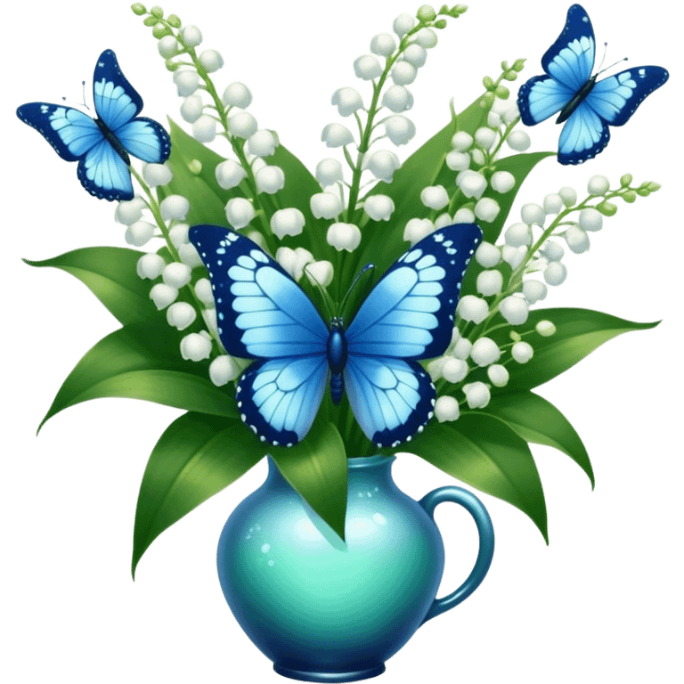 Aesthetic butterfly with blue light and navy wings sitting on a dark green bouquet of lily of the valley in a pastel blue vase emoji