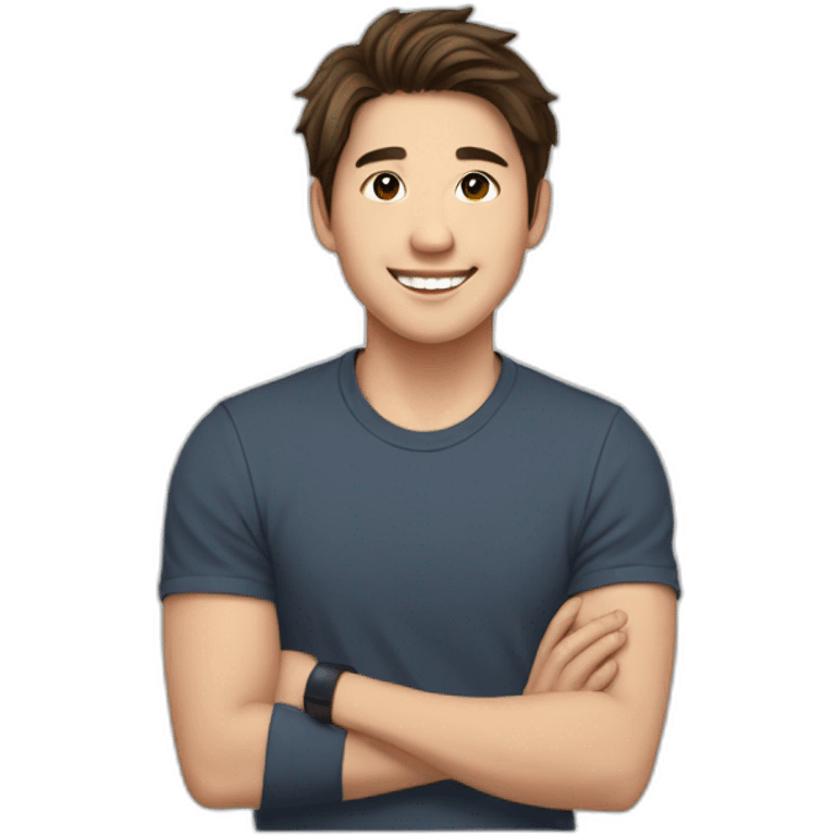 guy with brown hair, medium length hair, in his 20s, asian, smiling, t-shirt, shoulder emoji