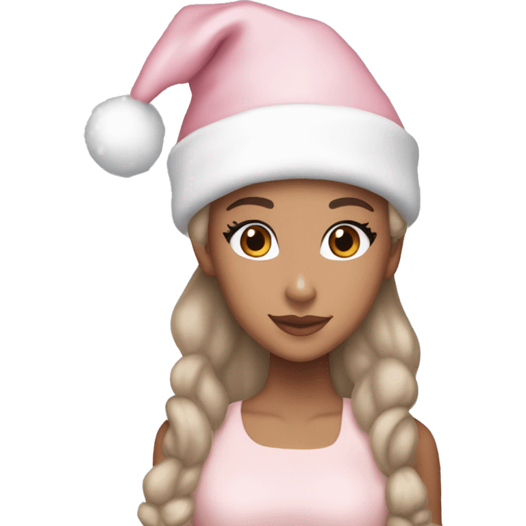 Ariana grande in a light pink christmas outfit wearing a light pink christmas hat emoji