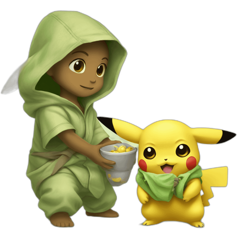 Pikachu playing with baby yoda emoji