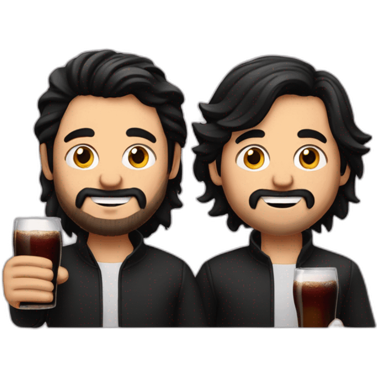 two men, one with long black hair and the other man with short blonde hair, no facial hair, holding a bottle of fernet emoji