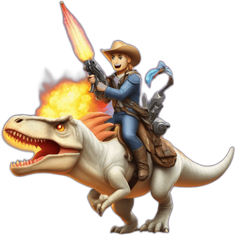 a t-rex riding an unicorn whilst firing guns emoji