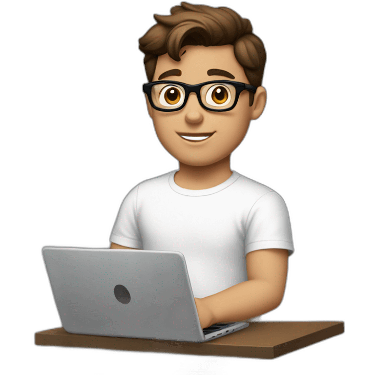 front view of young clark kent wearing white t-shirt using a laptop emoji